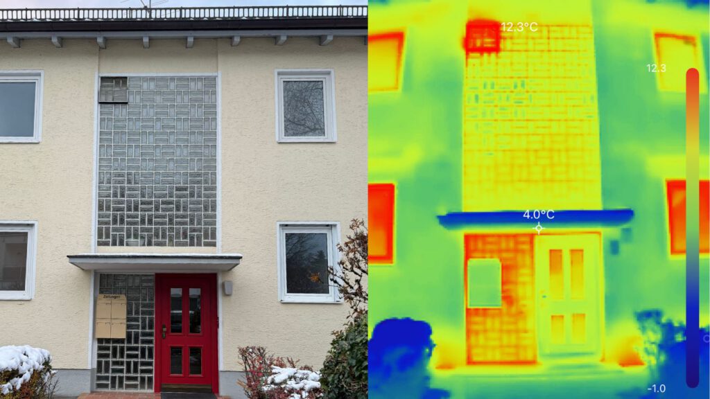 Thermografie zeigt Wärmebrücken in der Fassade eines Gebäudes – Energieberatung München.